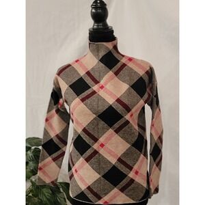 Rachel Zoe Womens XS Plaid Mock Neck Sweater Tan Black Red Long Sleeve Knit Top